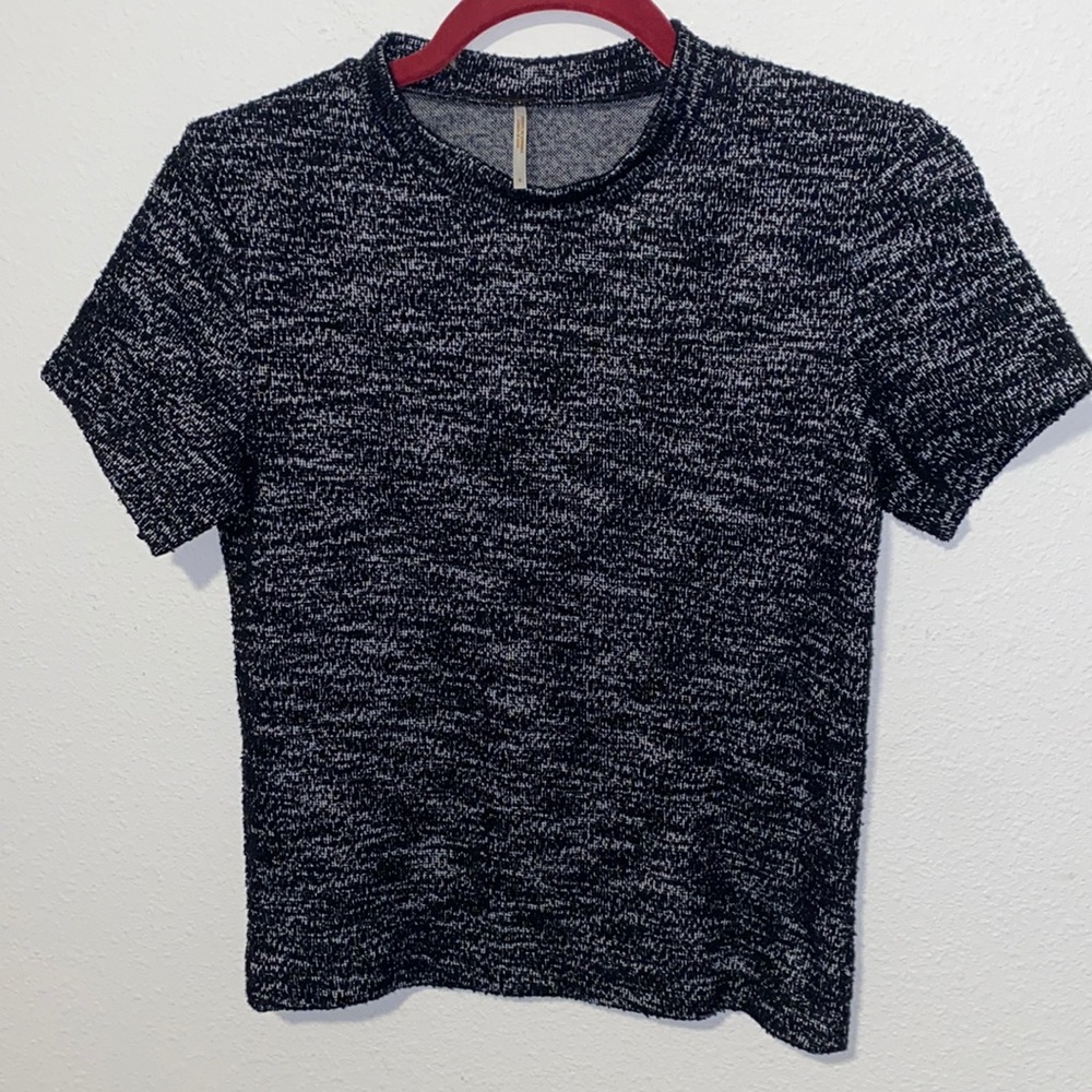 FREE PEOPLE Tweed Short Sleeve Size Small Black Gray Top